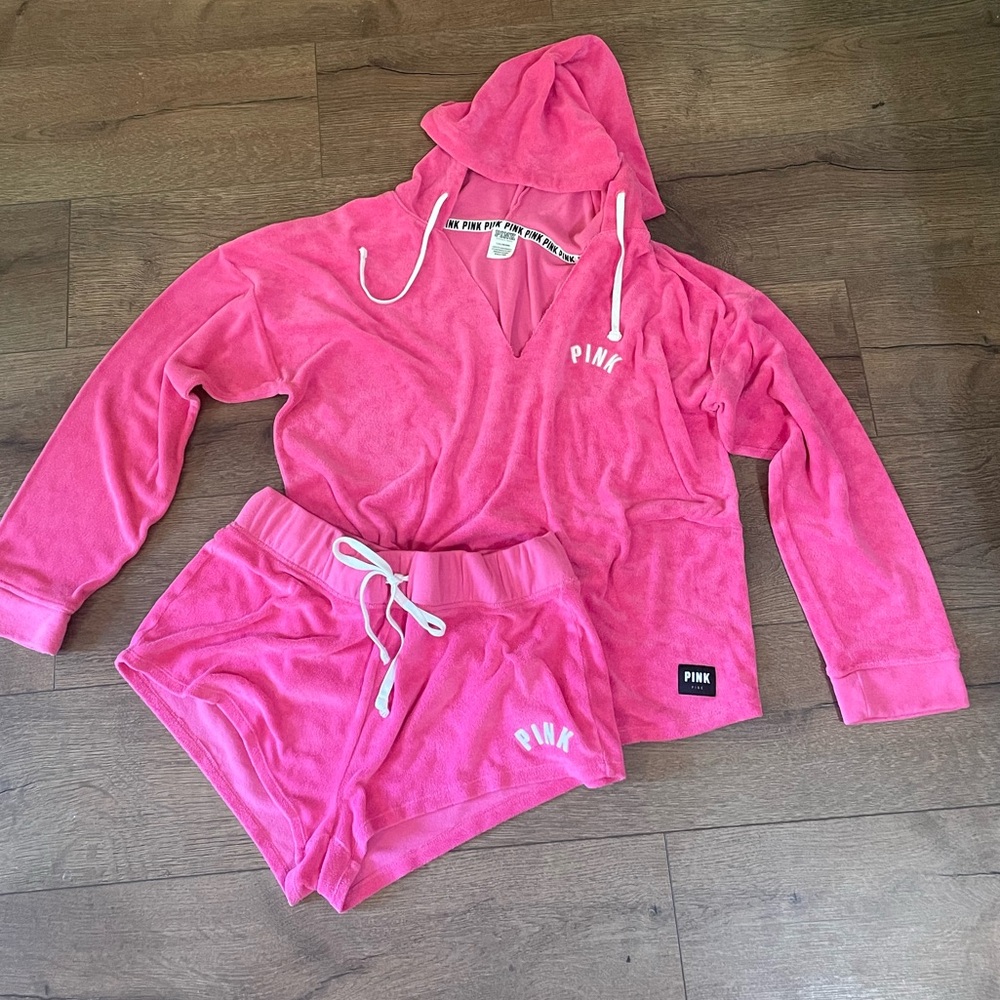 Victoria's Secret PINK Hot Pink Hooded Terry Matching Set